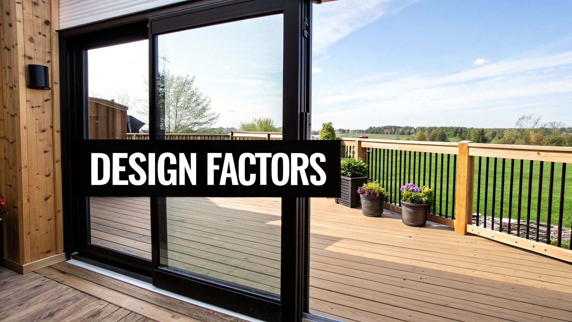 A spacious wooden deck with a black balustrade, sliding glass door, and potted plants, overlooking a green landscape.
