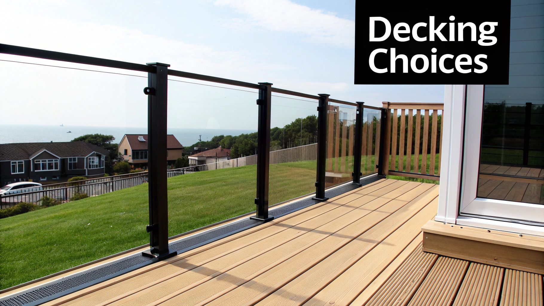 A spacious composite deck featuring a sleek glass panel railing and scenic ocean views.