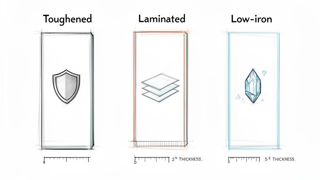 Diagram illustrating three types of glass: Toughened (shield icon), Laminated (layered sheets), and Low-iron (crystal icon).