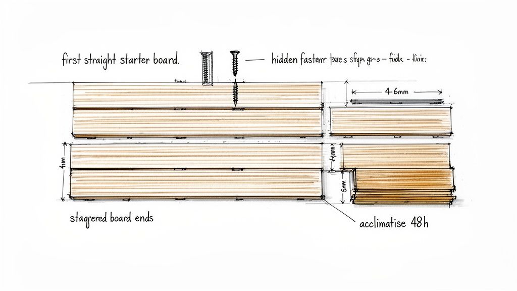 Technical drawing illustrating composite decking installation, showing starter boards, hidden fasteners, staggered ends, and acclimatization.