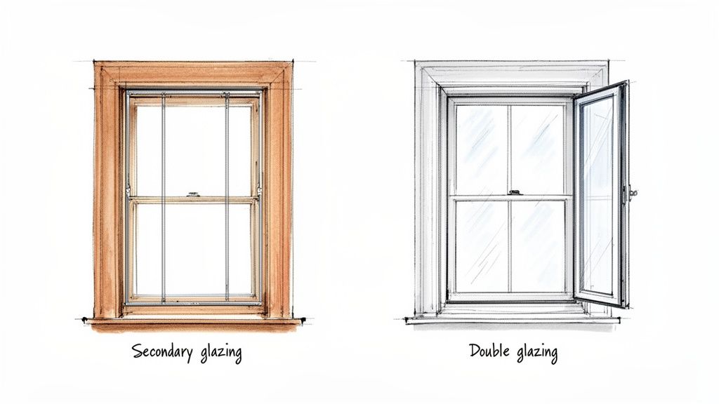 A detailed sketch comparing two window types: secondary glazing with a wooden frame and double glazing with a white frame.