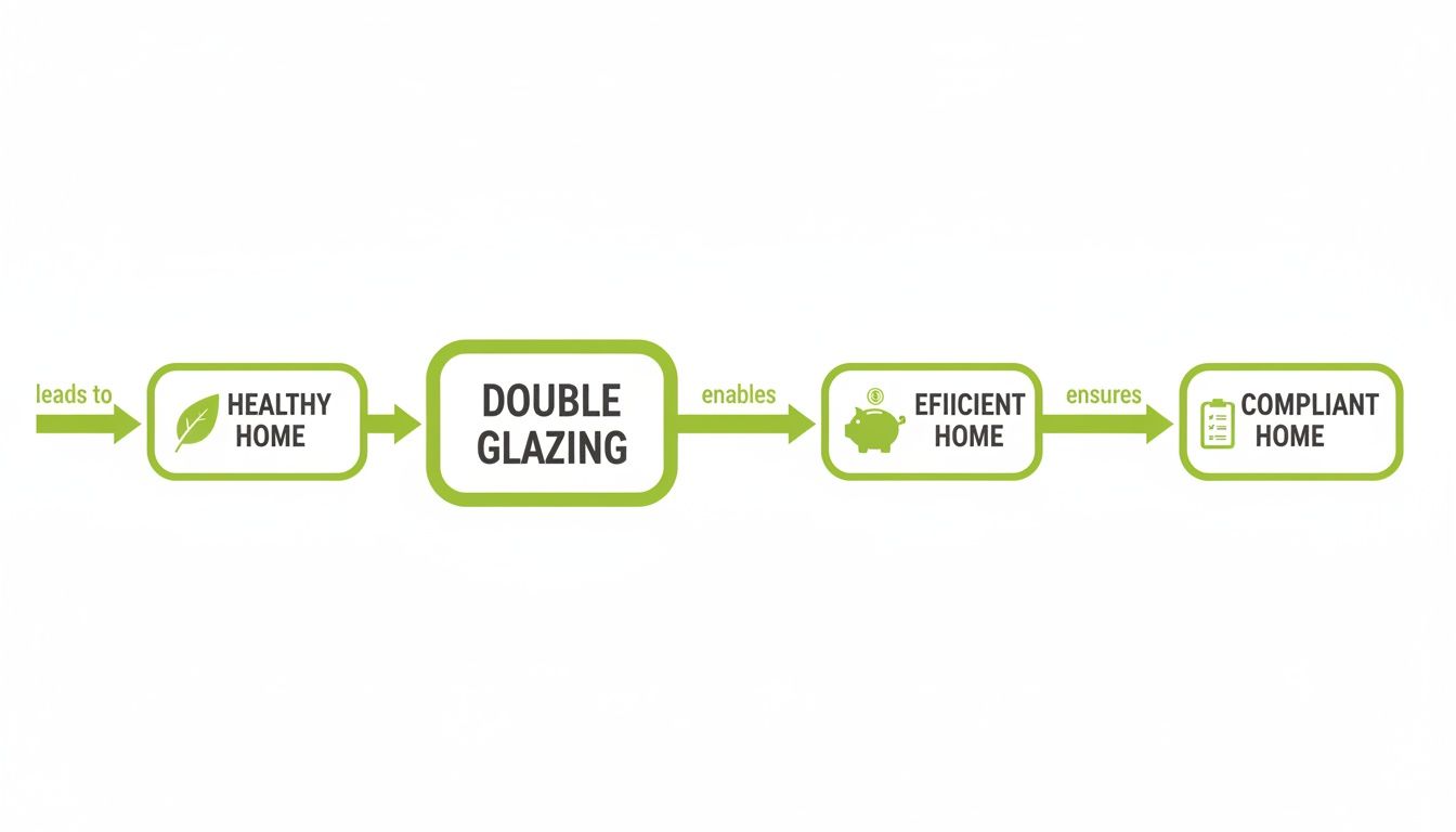Flowchart illustrating how double glazing contributes to a healthy, efficient, and compliant home.