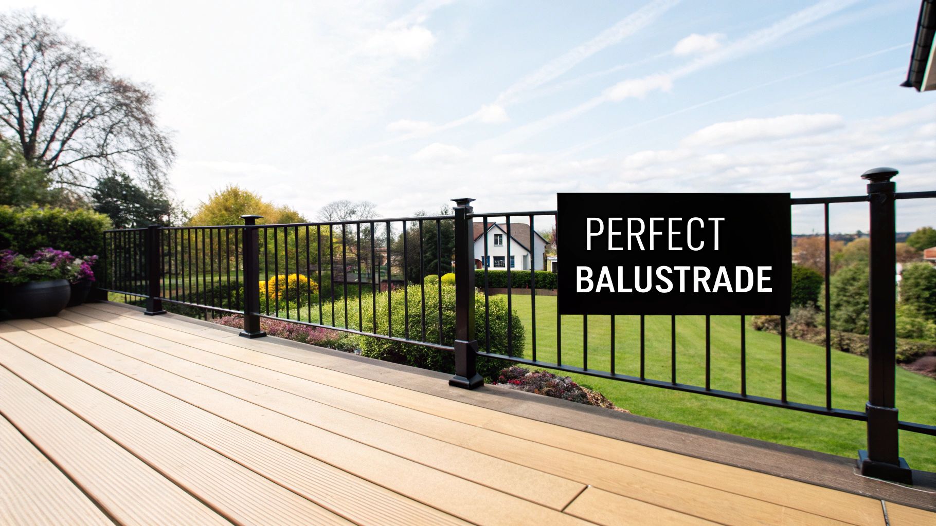 A modern wooden deck features a black metal balustrade overlooking a green garden and distant house.
