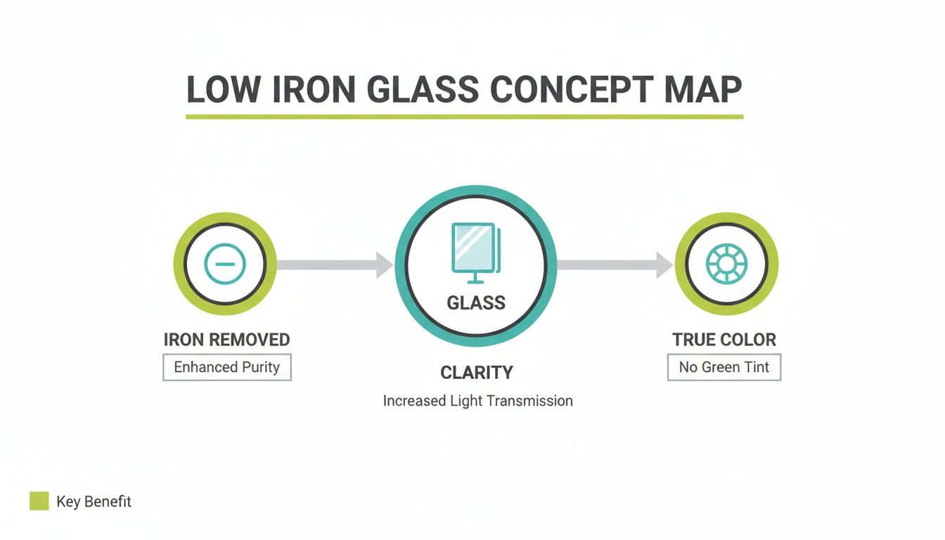 A concept map illustrating the benefits of low iron glass, showing the progression from iron removal to true color.