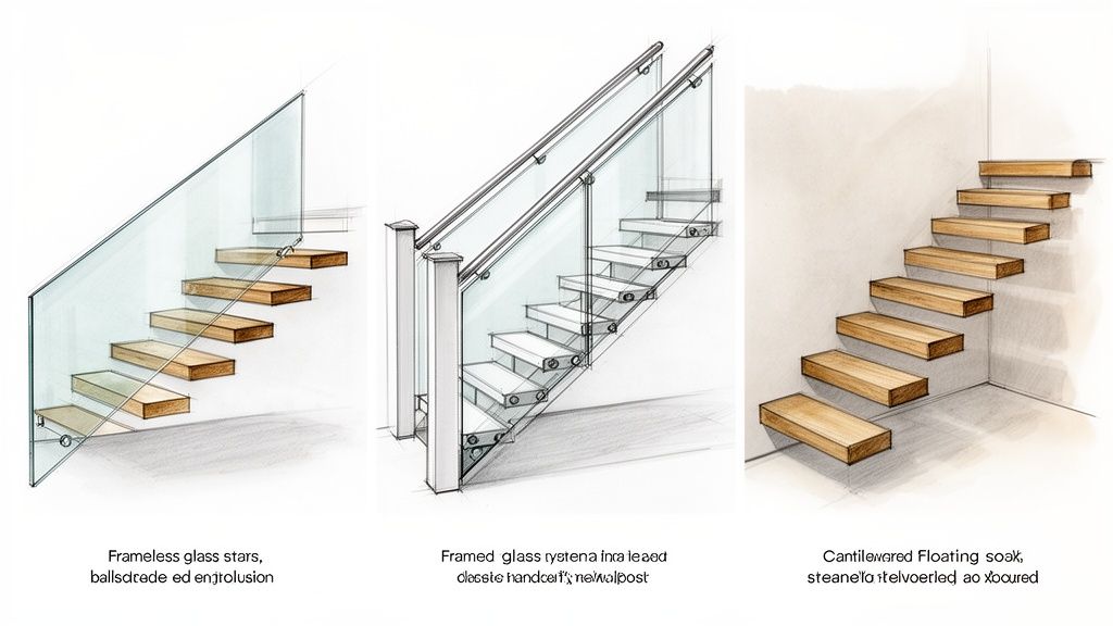 Three distinct staircase designs: frameless glass with wood, framed glass with white treads, and cantilevered floating wood stairs.