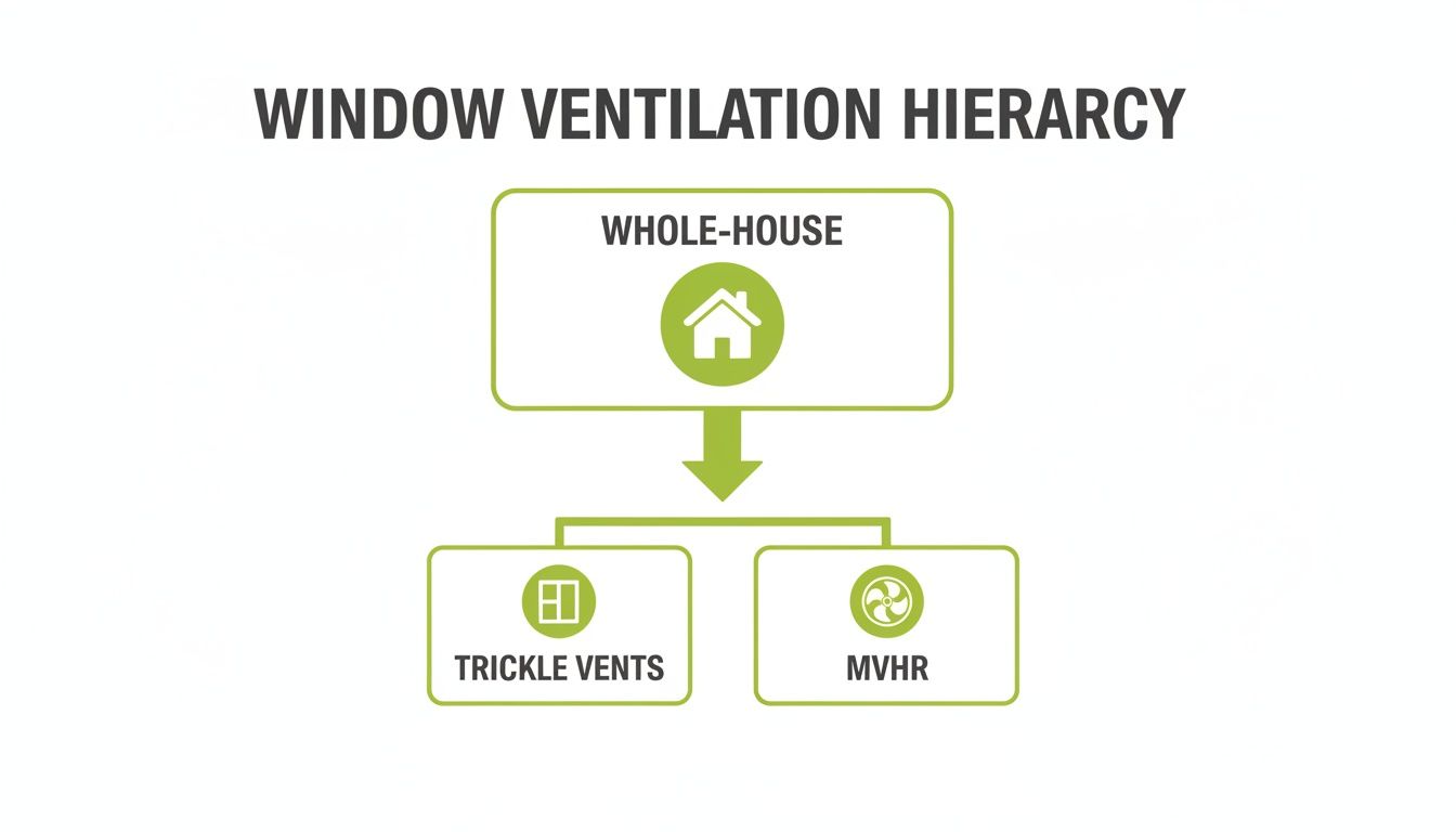 Hierarchy diagram illustrating whole-house ventilation options, specifically trickle vents and MVHR systems for windows.