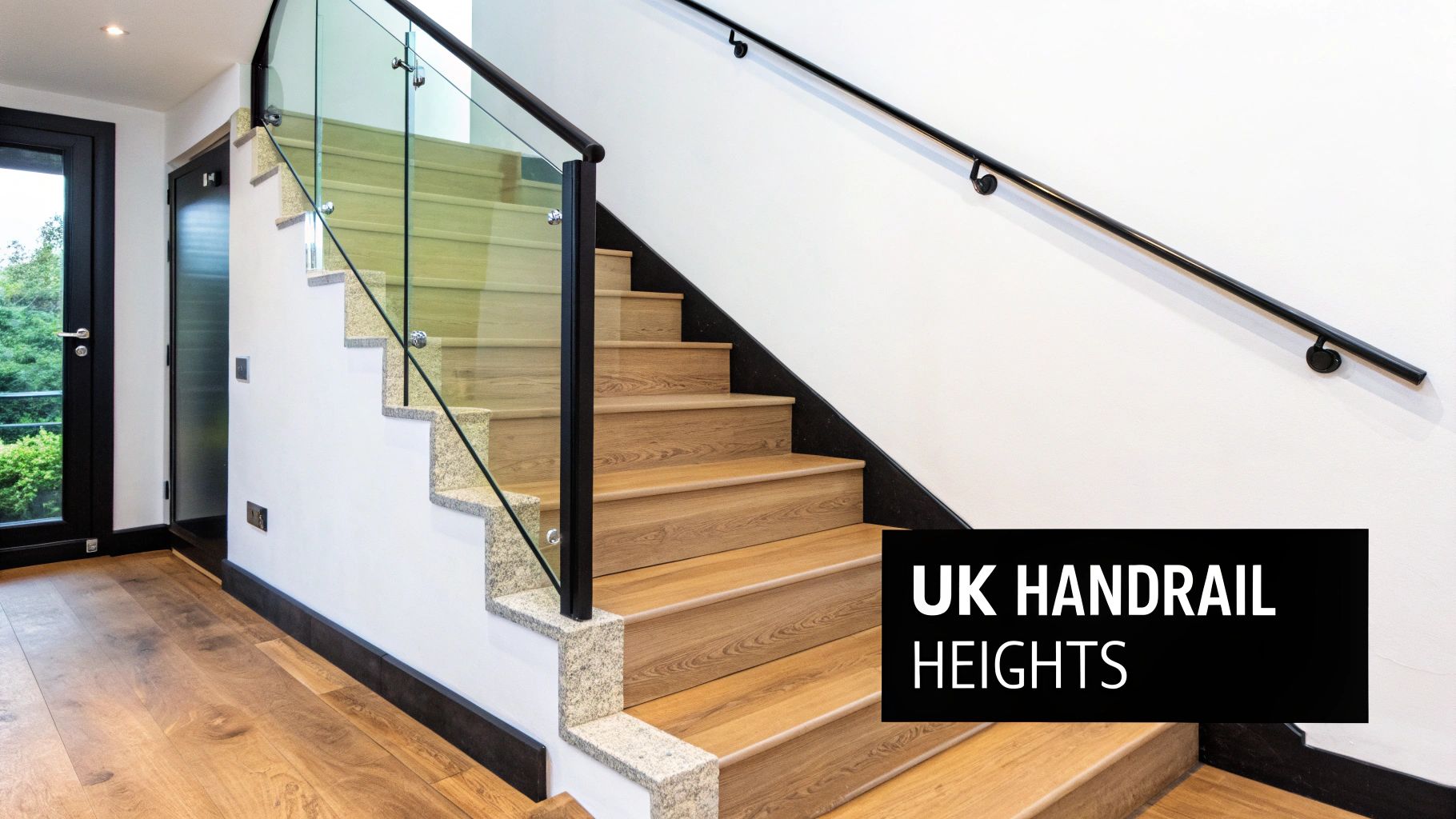 A modern staircase with a glass balustrade, wooden treads, and a black wall-mounted handrail.
