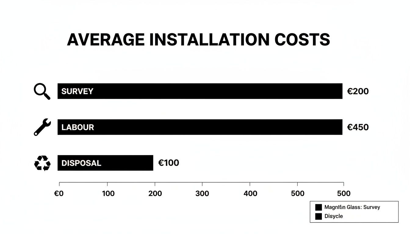 Bar chart illustrating average installation costs for survey, labour, and disposal in euros.