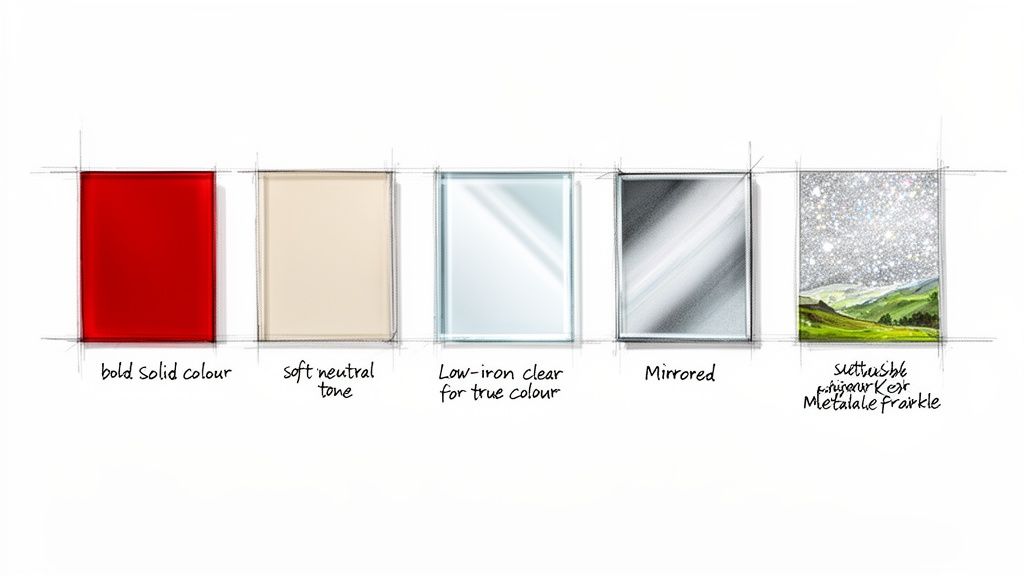 Five glass kitchen splashback samples: bold red, soft neutral, low-iron clear, mirrored, and metallic sparkle.