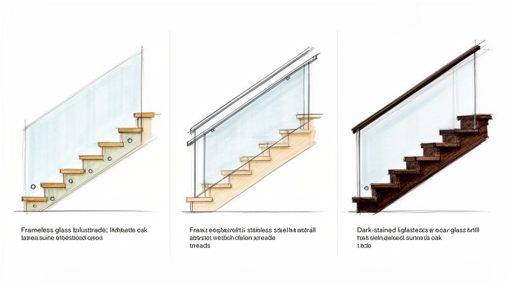 Sketches of three modern staircases featuring glass balustrades, oak treads, and varied handrail designs.