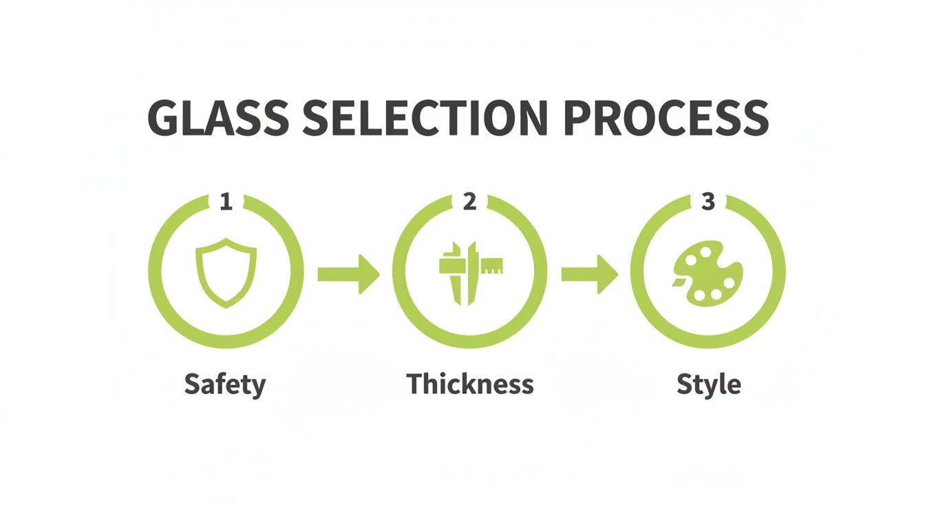 Infographic showing a three-step glass selection process: safety, thickness, and style.