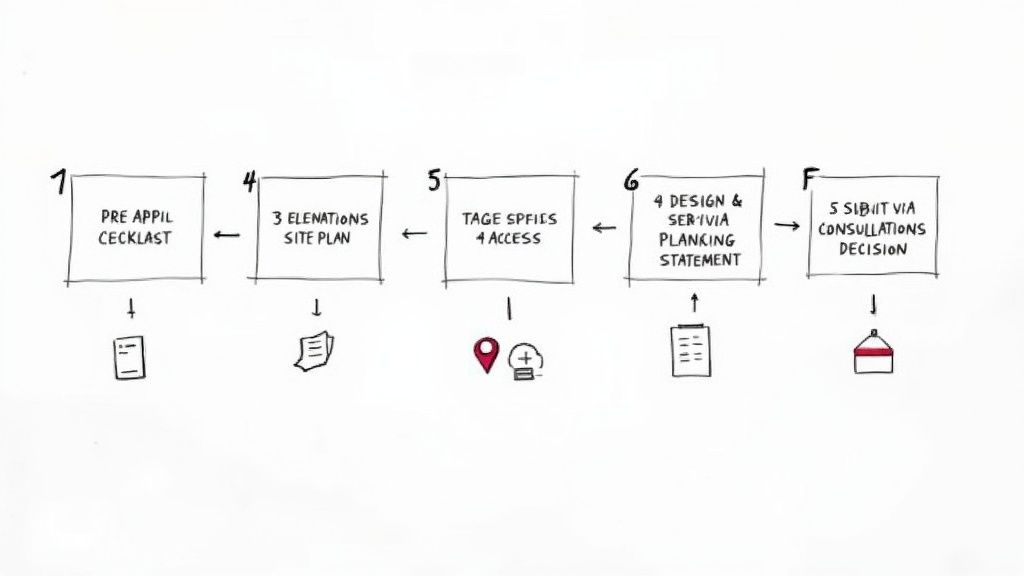 A handwritten flowchart illustrating the steps in a planning permission application process with documents and icons.