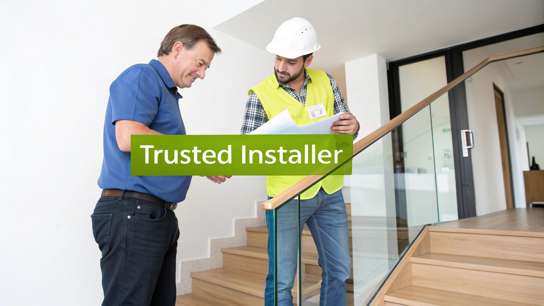 A trusted installer in a hard hat and vest discusses plans with a client next to a modern glass staircase.