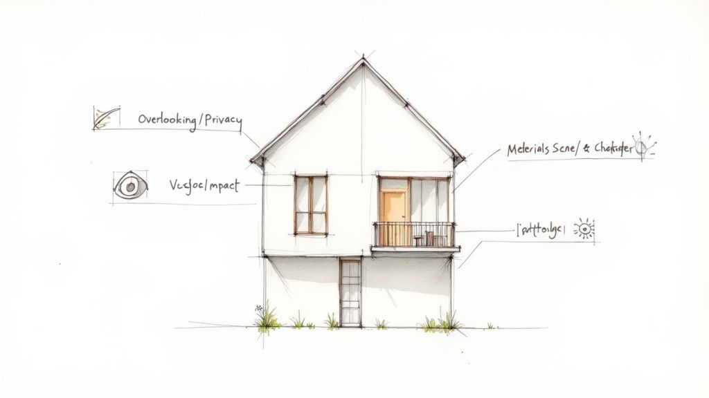 Hand-drawn architectural sketch illustrating design considerations for a house with a balcony.