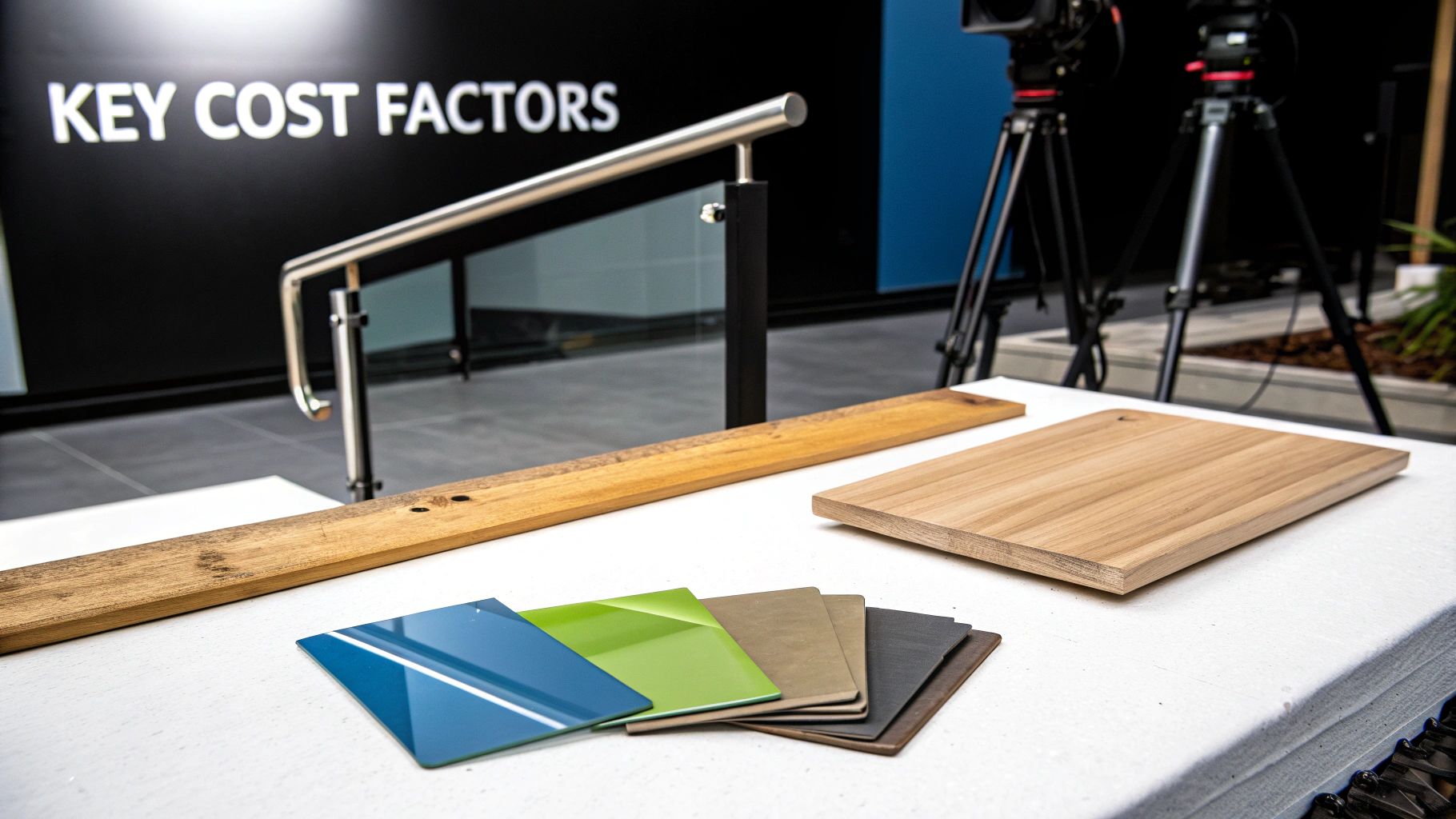Various material samples, including wood and colored swatches, displayed on a table with a glass balustrade in the background.