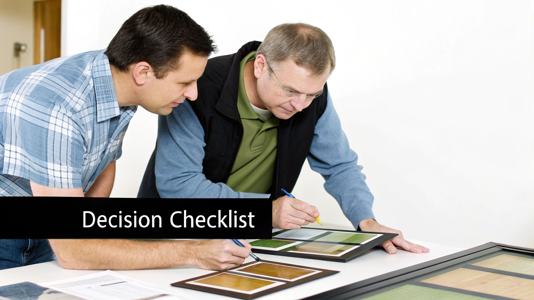 Two men reviewing material samples for a home project while one writes on a decision checklist.