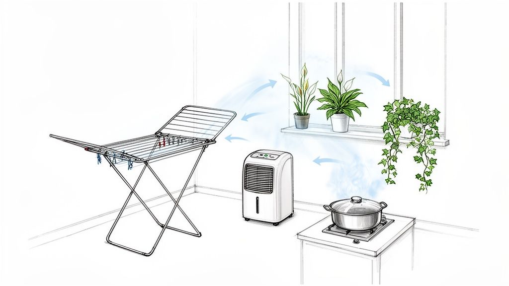 An illustration showing a dehumidifier improving air circulation around a clothes rack, plants, and cooking pot.