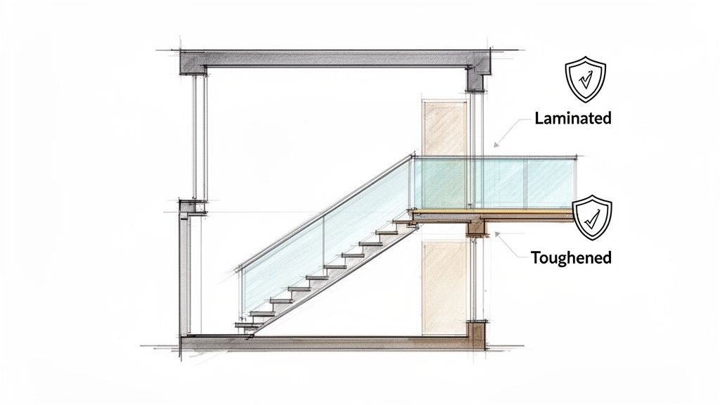Architectural cross-section showing a building with staircase, illustrating laminated and toughened glass applications in balustrades.
