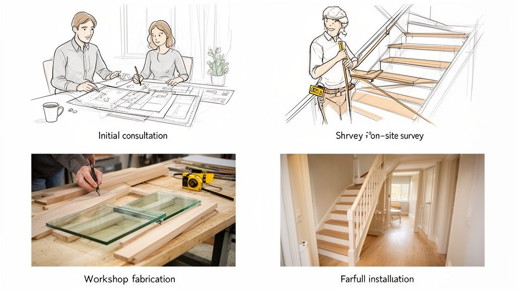 Four images illustrating the complete process of custom staircase installation, from design to final fitting.