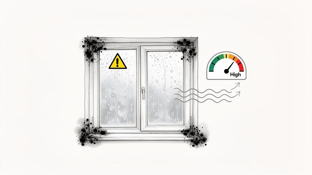 Illustration of a double-glazed window with condensation, mold, and a high humidity warning, indicating poor ventilation.