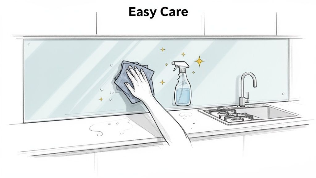 A hand cleans a glass kitchen splashback with a cloth and spray bottle, highlighting easy care.