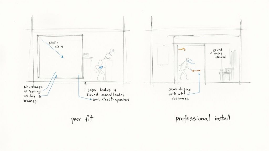 Diagram contrasting poor window installation with gaps leaking noise versus professional, sealed installation blocking sound.