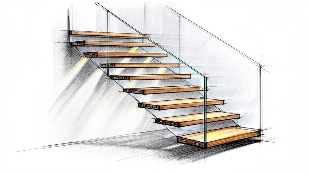 A detailed sketch of a modern floating wooden staircase with a sleek glass railing.