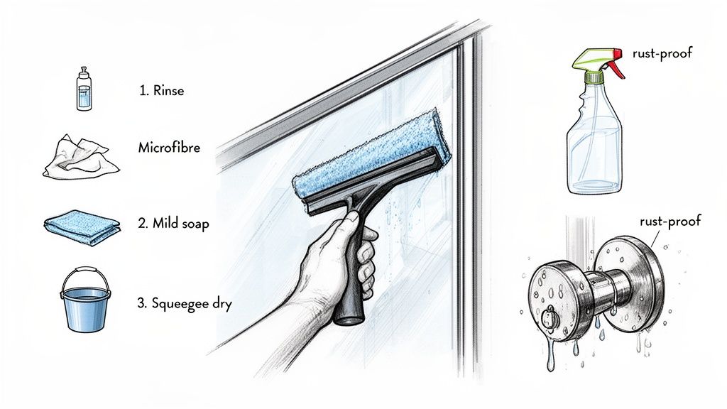 Illustration depicting steps for cleaning glass panels, including rinse, microfibre, mild soap, squeegee, and rust-proof items.