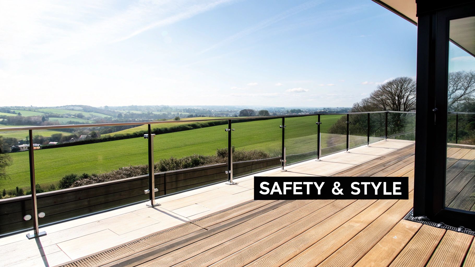 Modern outdoor deck with glass balustrades offering panoramic views of green hills under a bright sky.