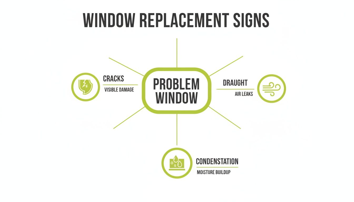 Diagram illustrating key signs of a problem window requiring replacement: cracks, draughts, and condensation.