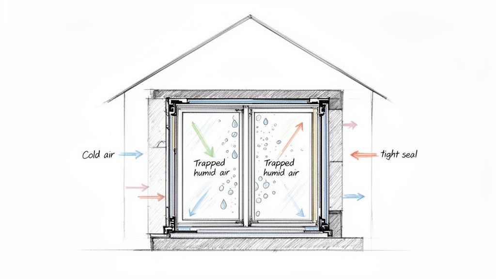 Cross-section of a double-glazed window illustrating trapped humid air, condensation, cold air, and the tight seal.