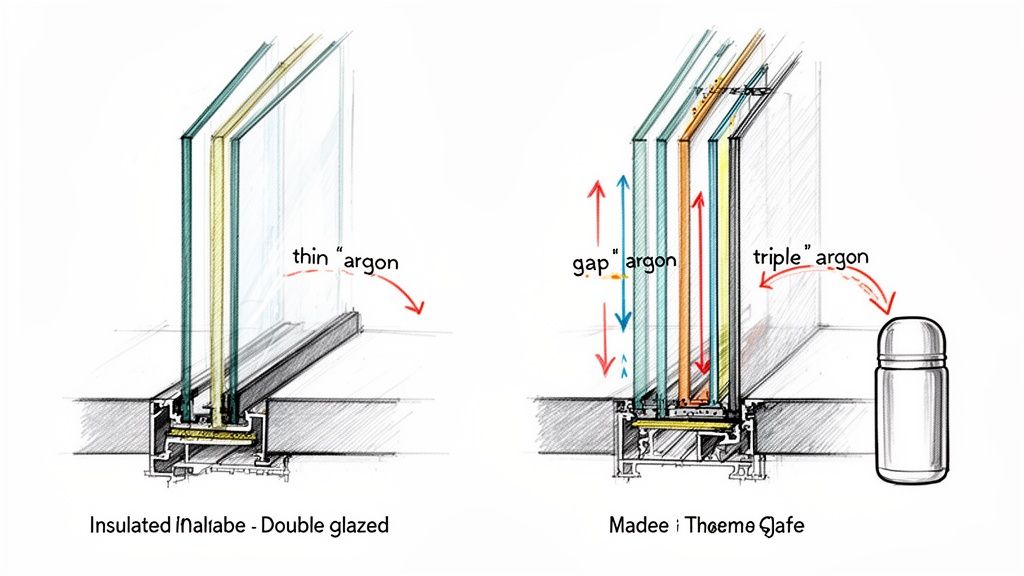 Architectural drawing comparing insulated double and triple glazed window cross-sections with argon gas layers for thermal performance.