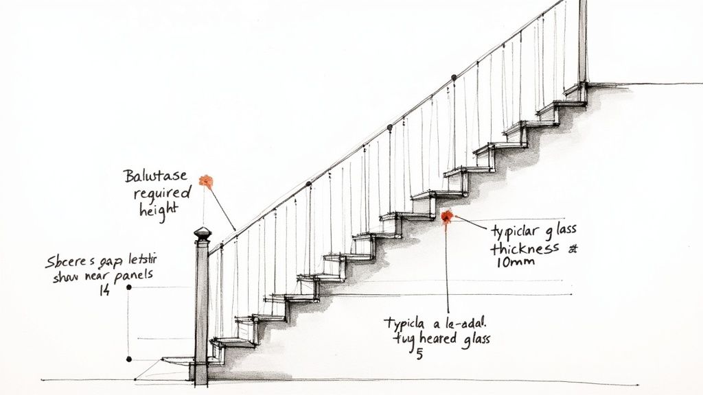 A hand-drawn architectural sketch illustrating a staircase with glass balustrade design details and annotations.