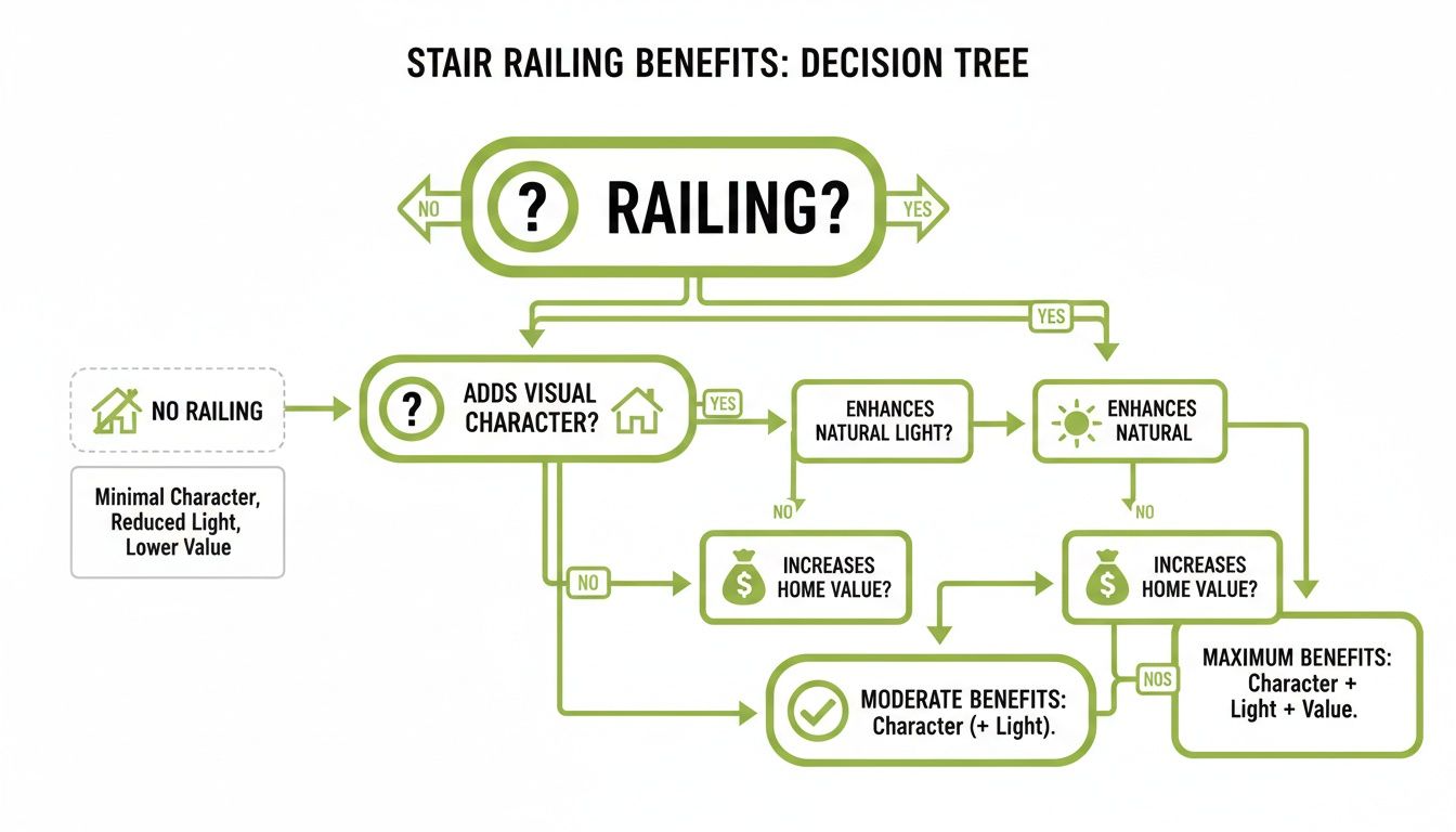 A decision tree flowchart illustrating the benefits of stair railings, detailing character, light, and value.
