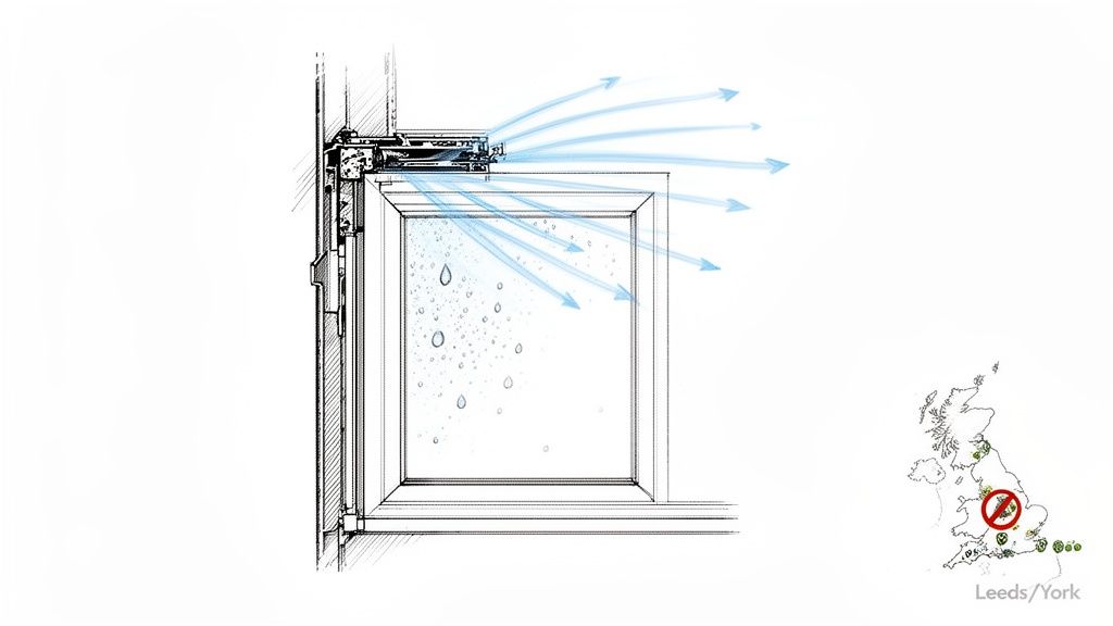 Diagram showing a trickle vent installed in a window frame, with airflow reducing condensation on the glass, alongside a UK map.