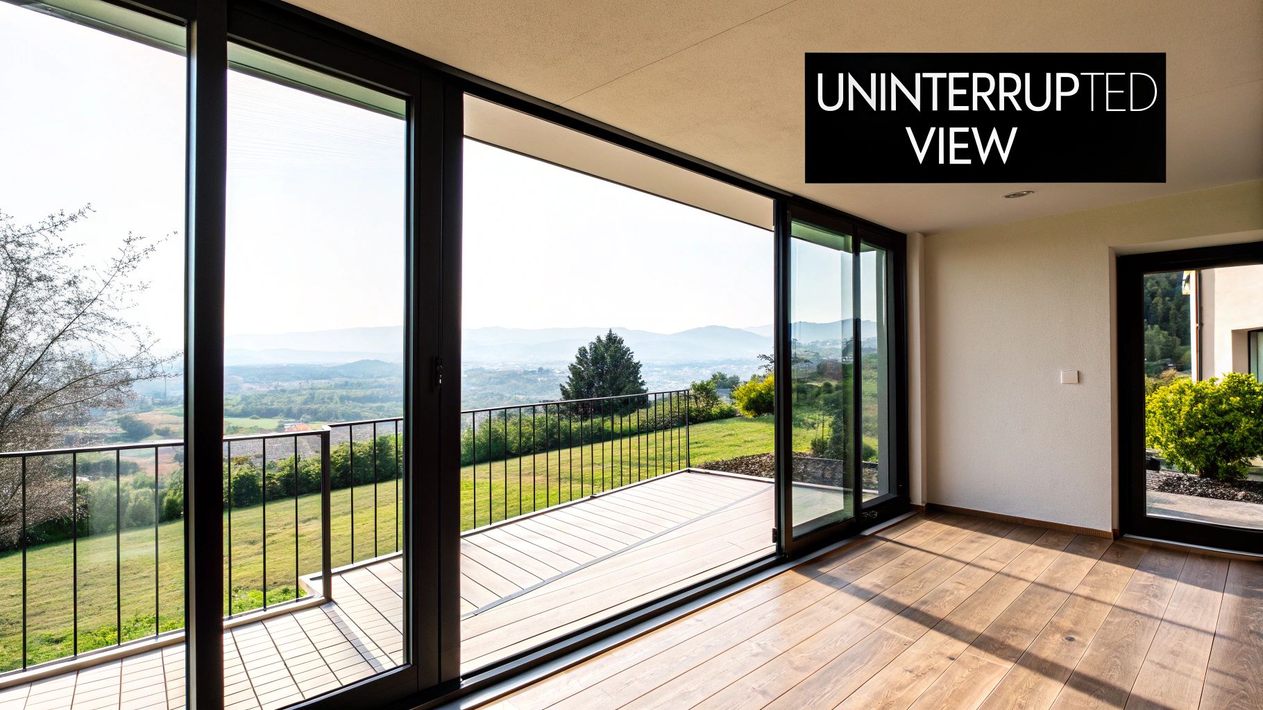A modern room with large sliding glass doors opening to a balcony with panoramic mountain views.