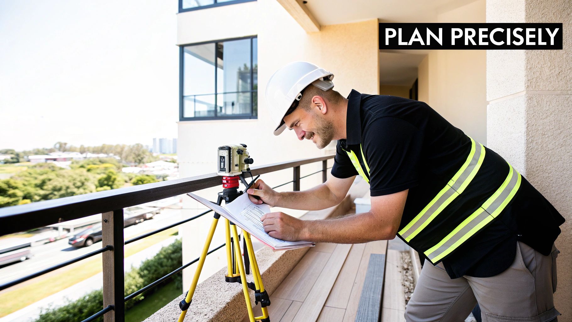A smiling surveyor in a hard hat takes notes next to a level on a building balcony.