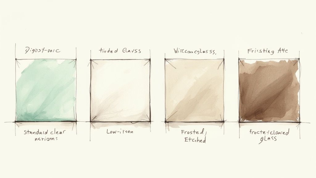 A hand-drawn illustration displays four types of glass: standard clear, low-iron, frosted/etched, and colored frosted glass.