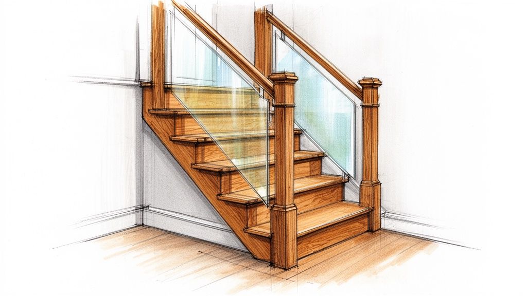 A detailed illustration of a modern wooden staircase featuring clear glass railings and classic newel posts.