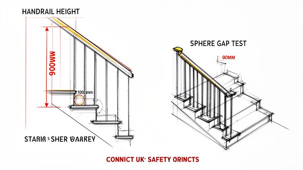 Technical diagrams illustrating stair handrail height (900mm) and baluster spacing safety tests (100mm and 90mm sphere).