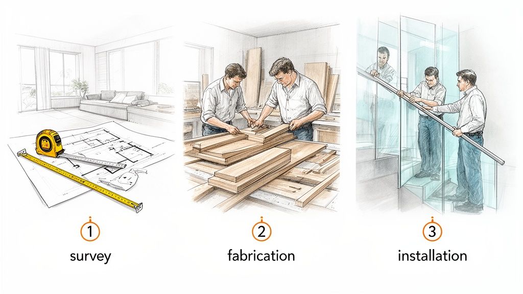 Illustration depicting three stages: survey, wood fabrication, and glass staircase installation.
