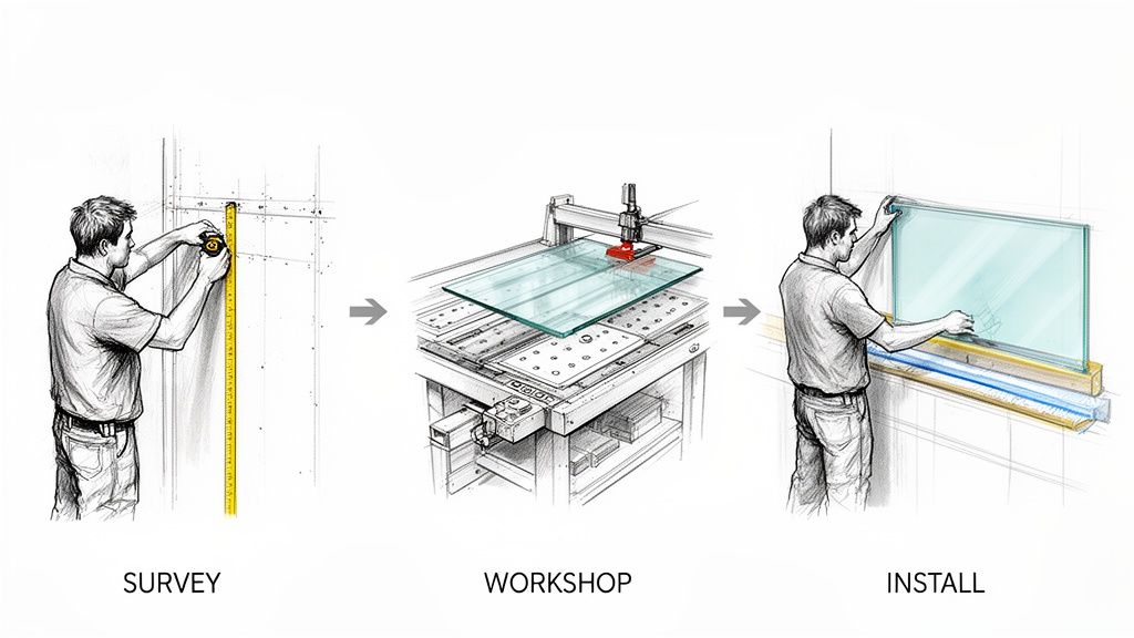 Three-step illustration: measuring, cutting, and installing custom glass for a kitchen splashback.