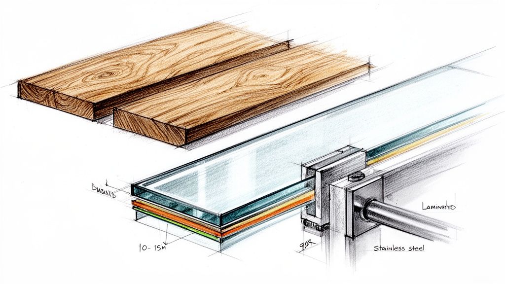 Architectural sketch showing a laminated glass balustrade detail with adjacent wooden floor.