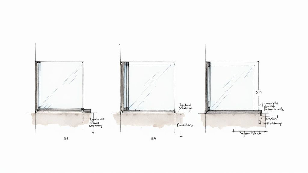 Three architectural sketches illustrate different window base details and floor connection types.