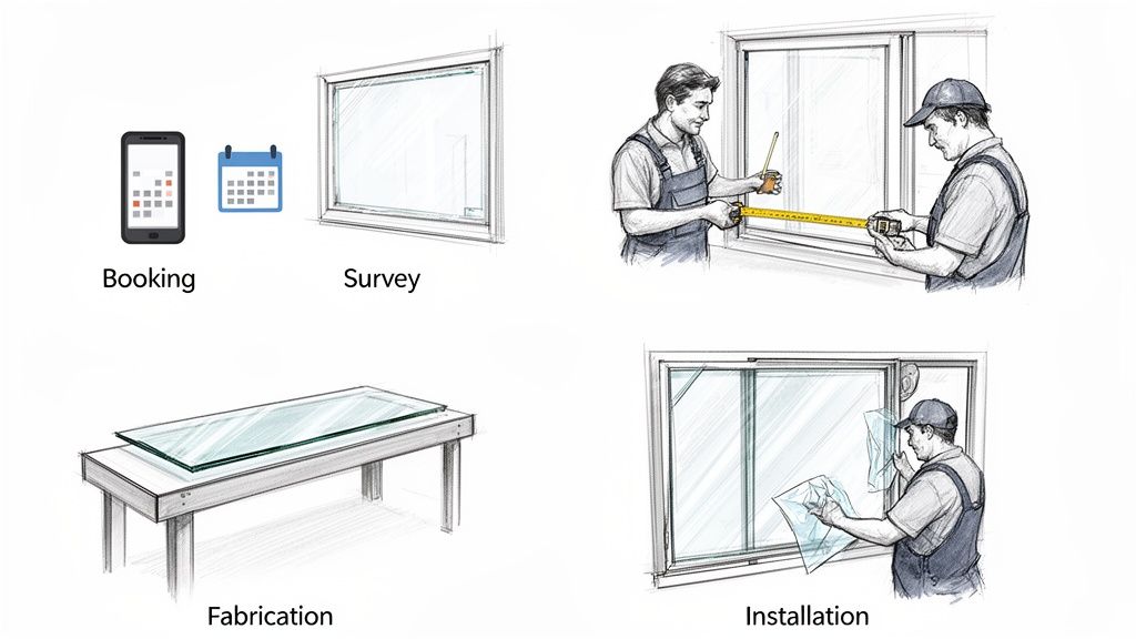 Four-step visual guide detailing the window glass replacement process: booking, survey, fabrication, and installation.