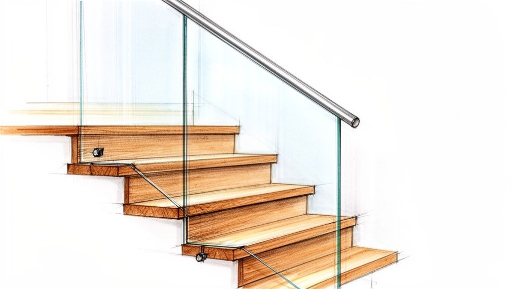 A detailed sketch of a modern open staircase featuring warm wooden treads and a sleek glass railing.
