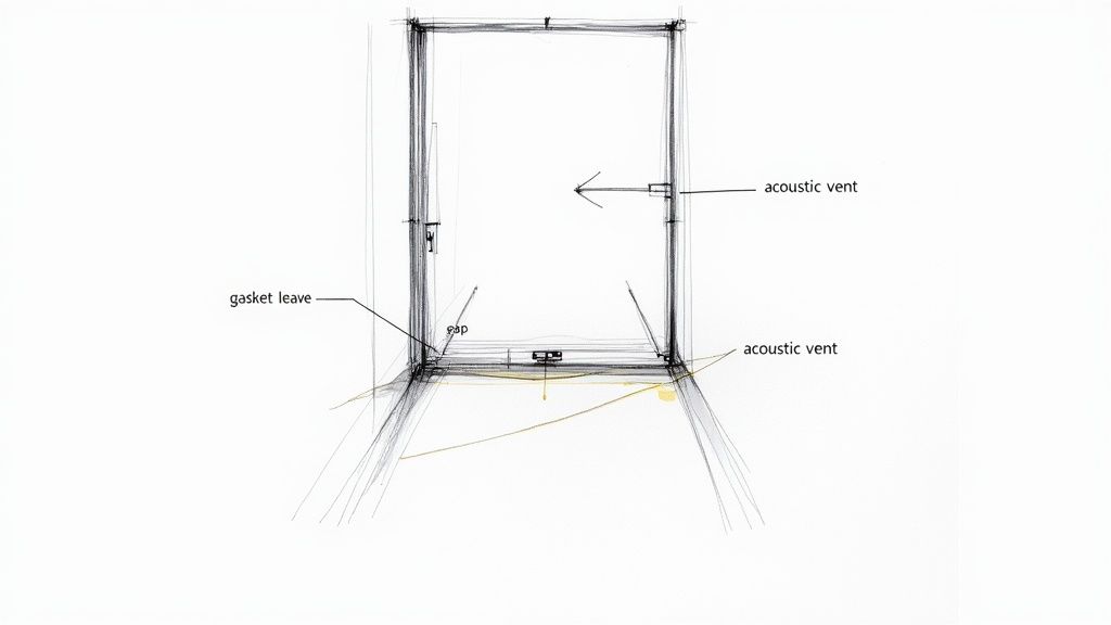 A detailed sketch illustrating a window or door frame with acoustic vents and gasket leave.