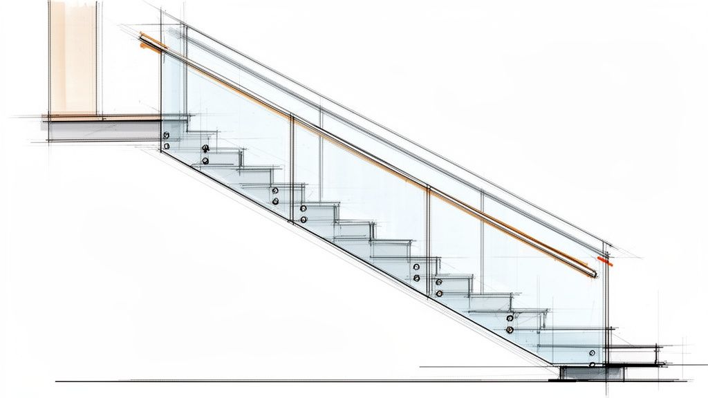 Architectural sketch of a modern staircase with glass railing and wooden handrail.