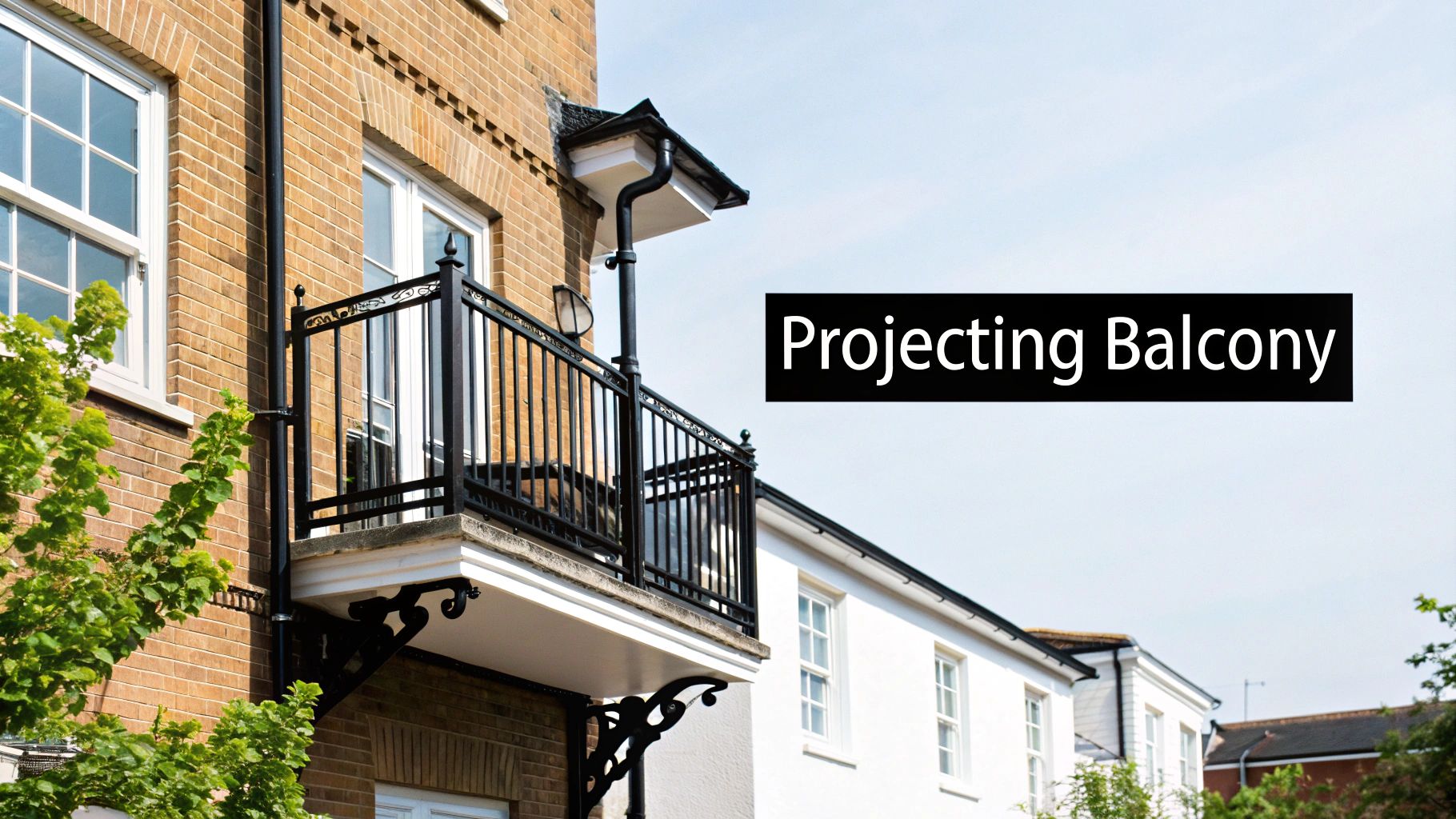 A black metal projecting balcony attached to a light brown brick building with white windows.
