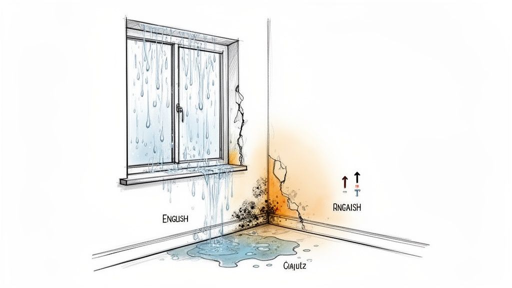 Illustration of severe water damage in a room, with a leaky window, a puddle on the floor, and moldy, cracked walls.